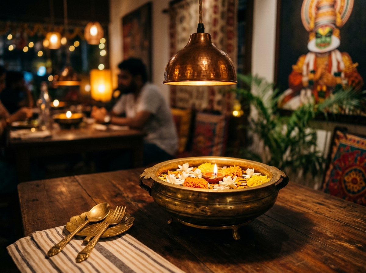 Brass uruli centerpiece with floating fresh flowers under warm copper pendant lamp