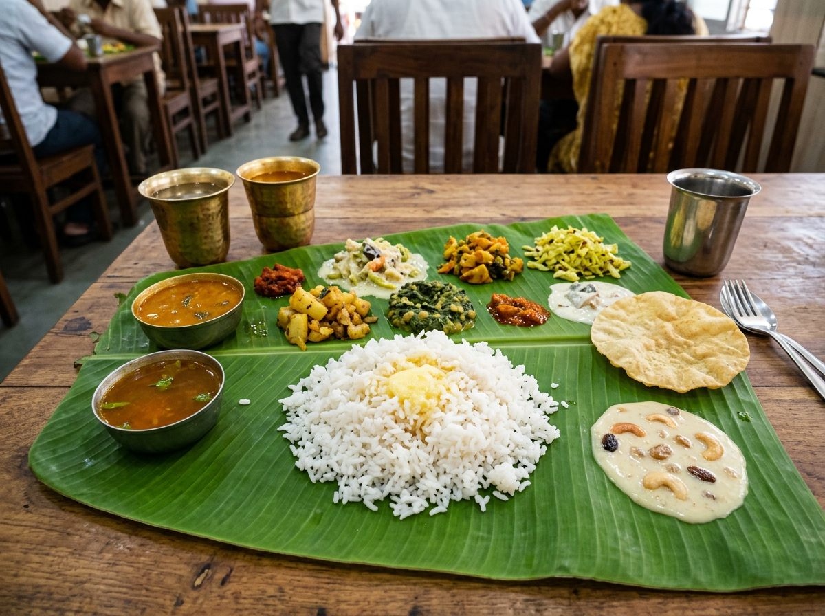 Authentic South Indian meal feast served on a fresh green banana leaf