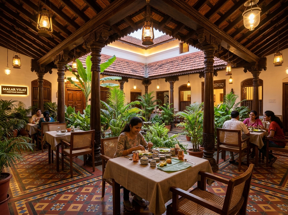 Courtyard dining space with Athangudi style tiles and verdant indoor greenery