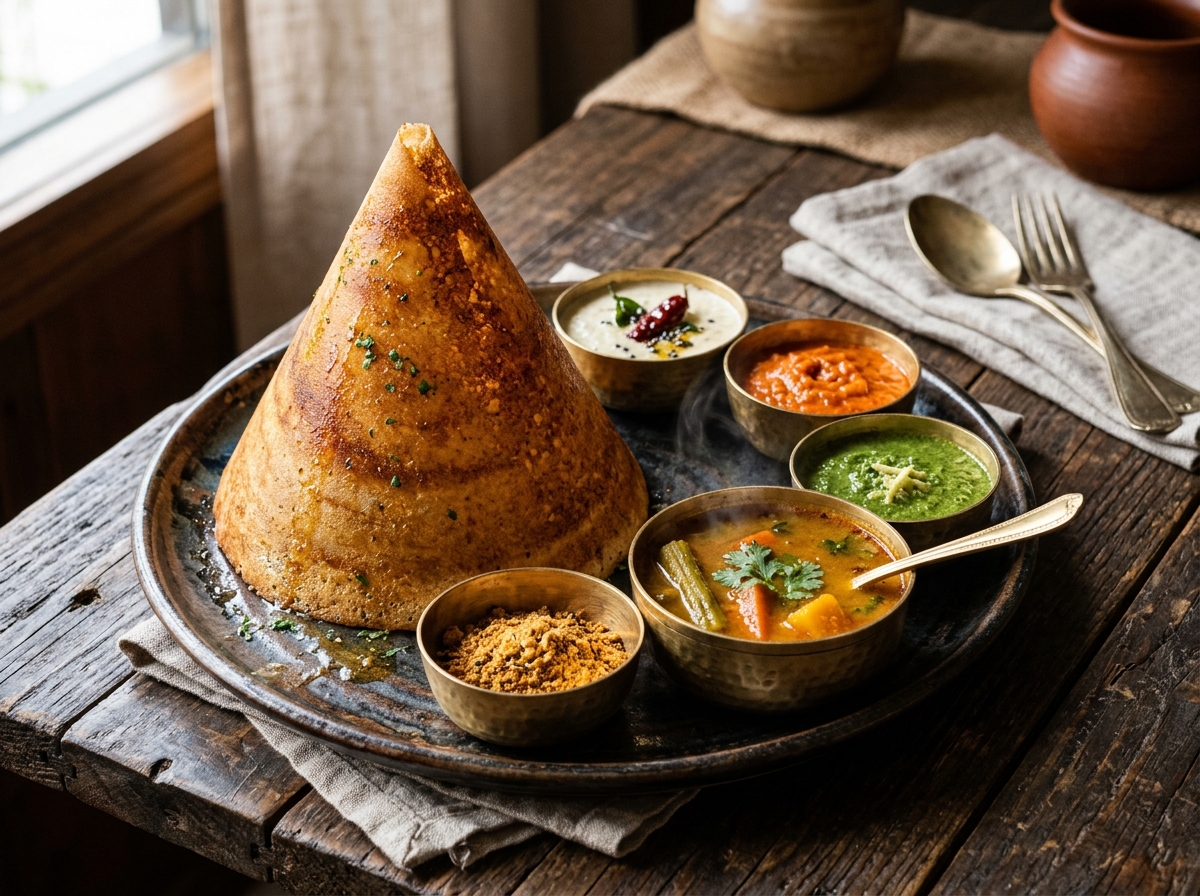 Golden crispy cone ghee roast dosa with coconut, tomato and mint chutneys and hot sambar