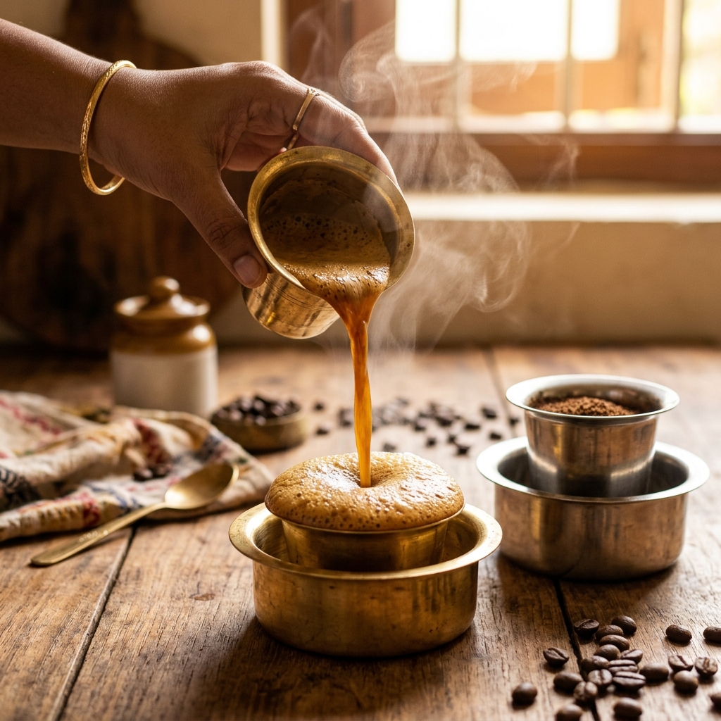 Steaming degree filter coffee being poured into a traditional brass dabara and tumbler