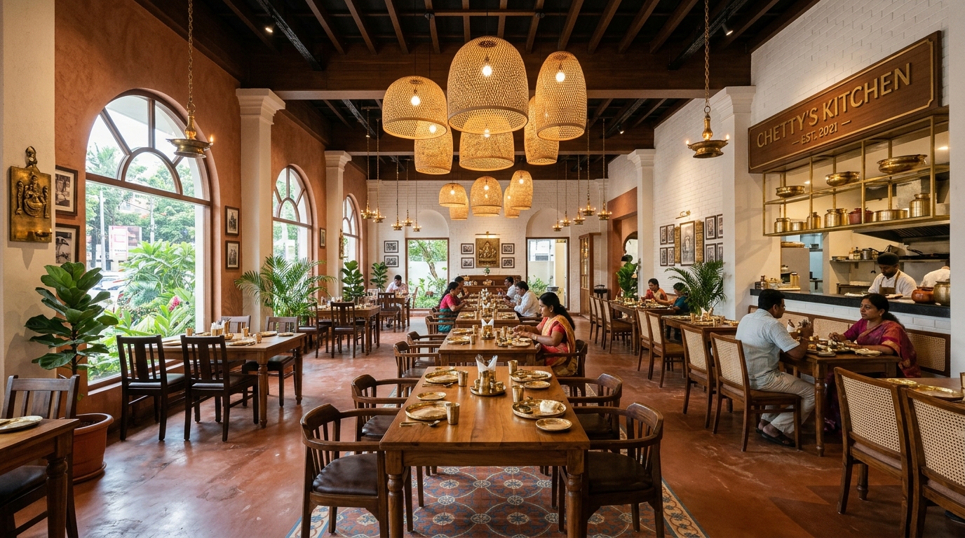 Welcoming dining hall interior at Ramaswamy Mess with teakwood tables and warm ambient lighting